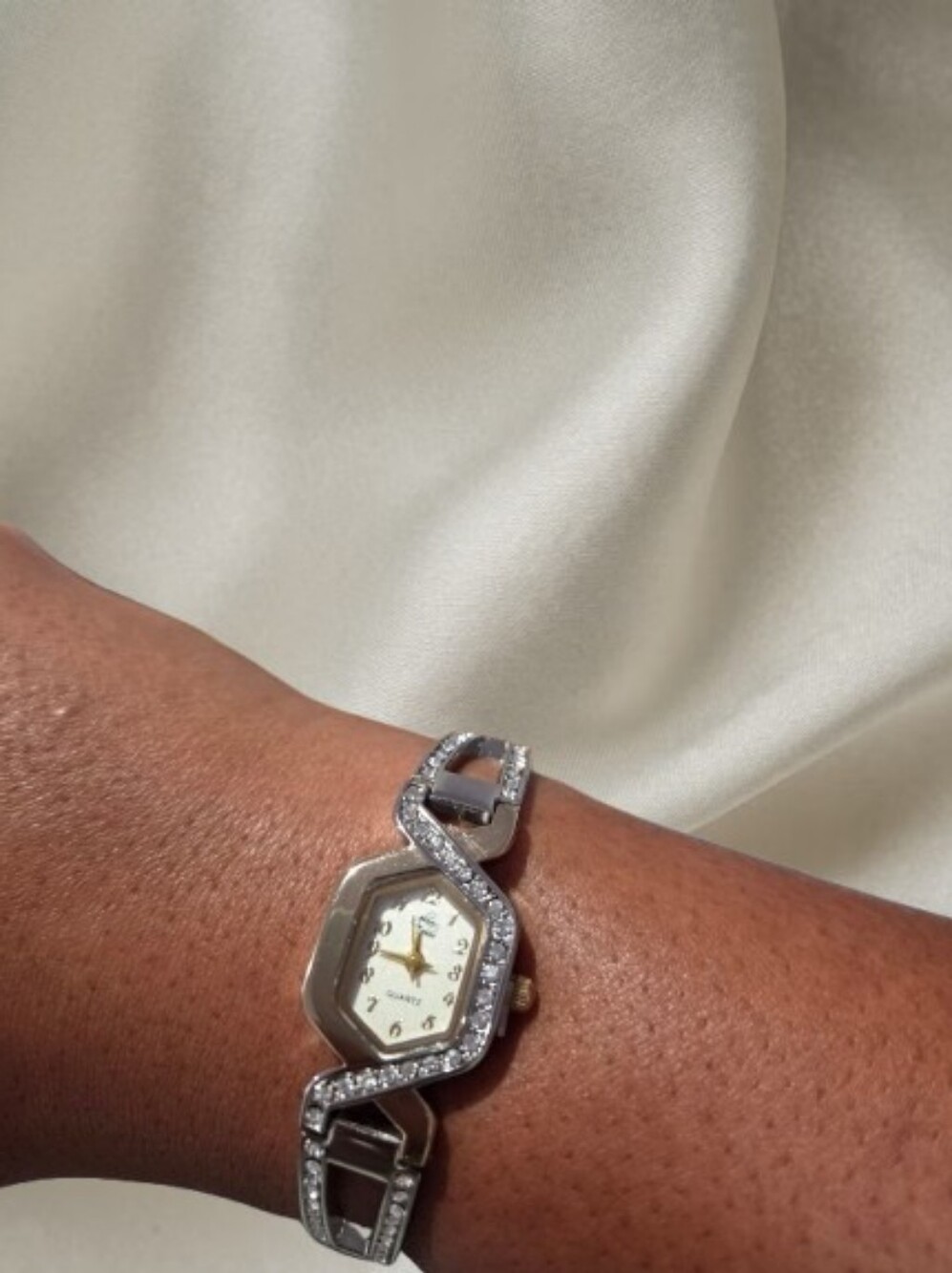 Hexagon Face Crystal Accent Silver Bracelet Watch